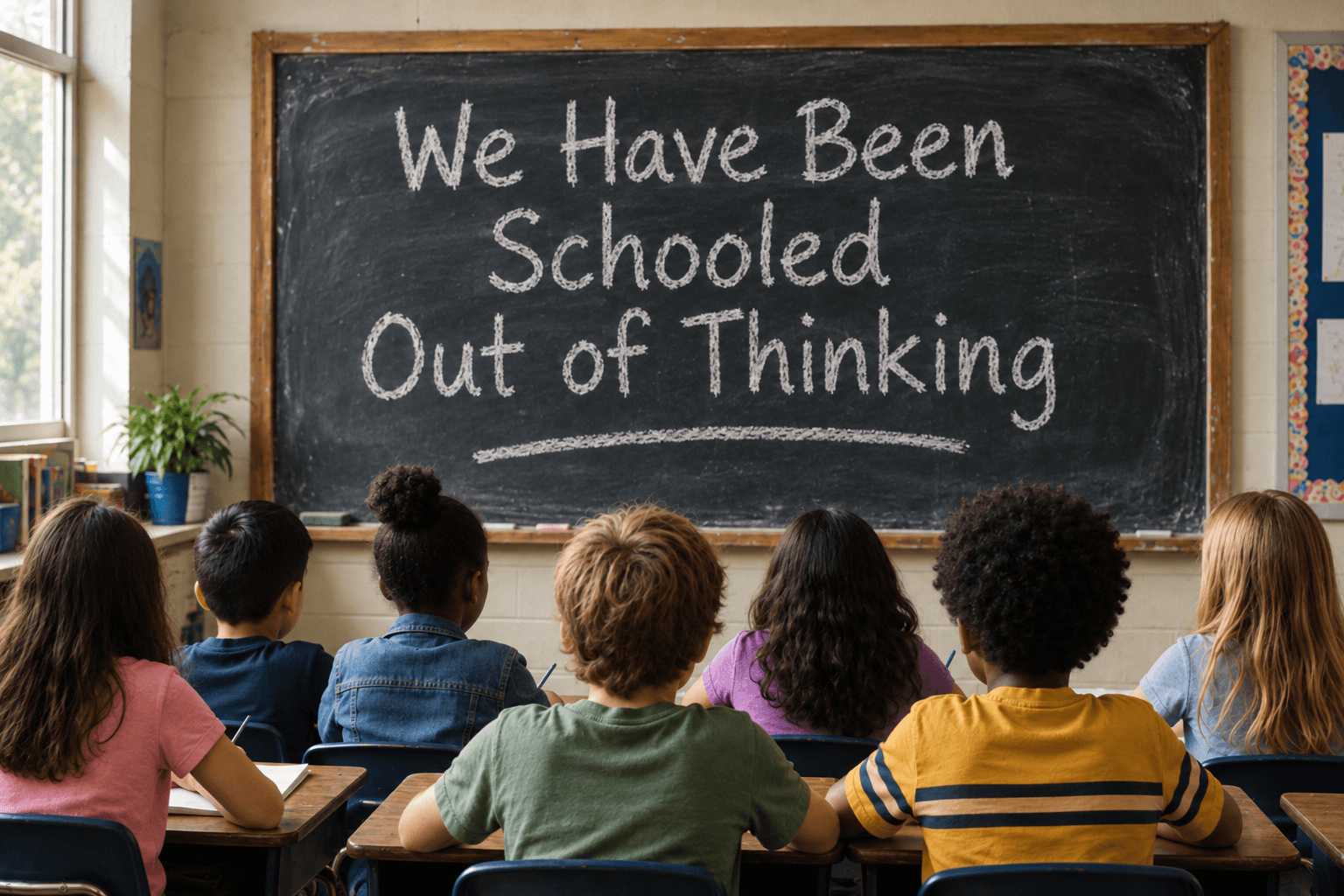 Seven students face a worn chalkboard